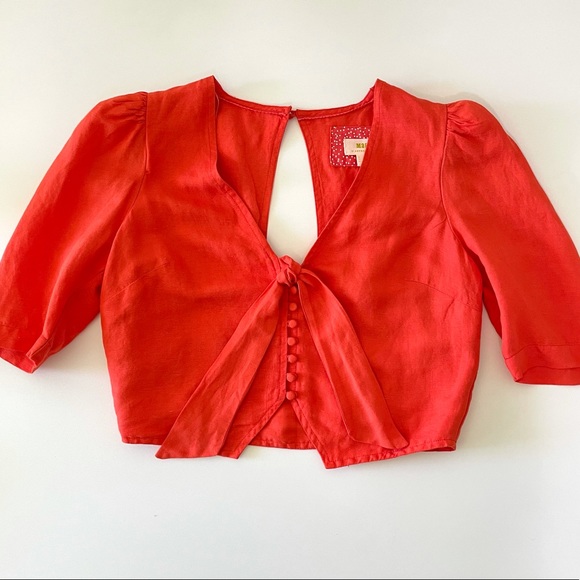 NWT Anthropologie Maeve Short Sleeve Tie-Front Linen Blend Blouse Orange 4 - Picture 9 of 16